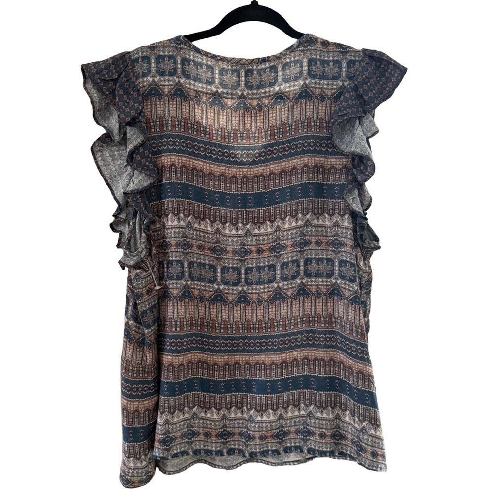 Lucky Brand Leah Flutter Ruffle Sleeve Top Gold Multi Color Women Abstract Large - Picture 5 of 5